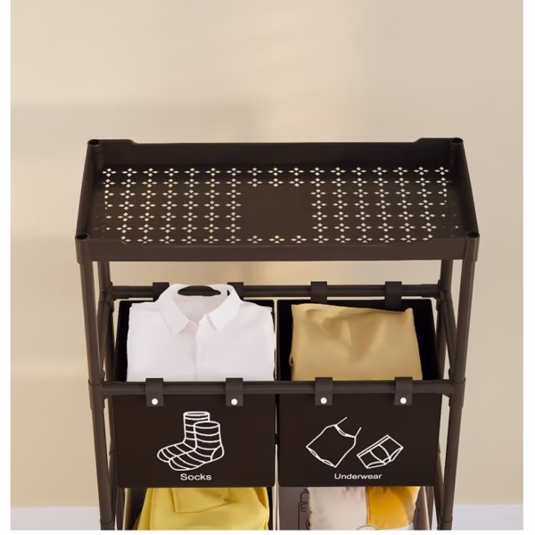 Cos de Rufe, Flippy, 3 Rafturi, 4 Cosuri, Cadru de Otel Inoxidabil, 123x44x57 cm, Negru - imagine 5