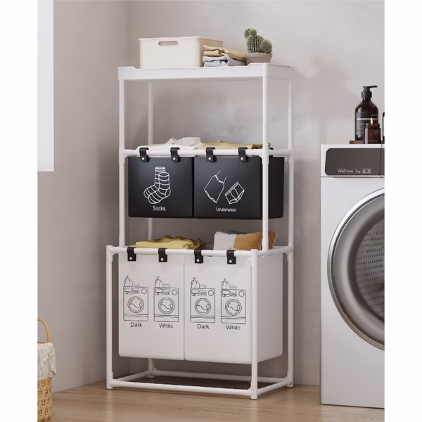 Cos de Rufe, Flippy, 3 Rafturi, 4 Cosuri, Cadru de Otel Inoxidabil, 123x28x57 cm, 123x44x57 cm, Alb - imagine 5