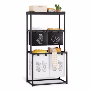 Cos de Rufe, Flippy, 3 Rafturi, 4 Cosuri, Cadru de Otel Inoxidabil, 123x44x57 cm, Negru