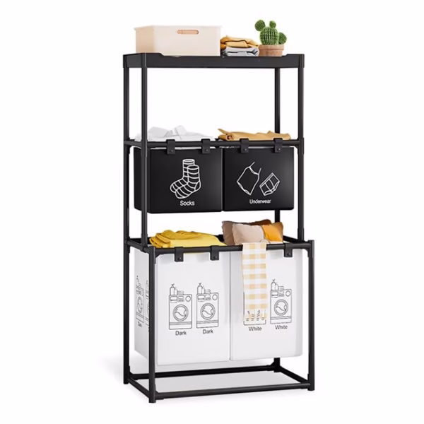 Cos de Rufe, Flippy, 3 Rafturi, 4 Cosuri, Cadru de Otel Inoxidabil, 123x44x57 cm, Negru - imagine 1
