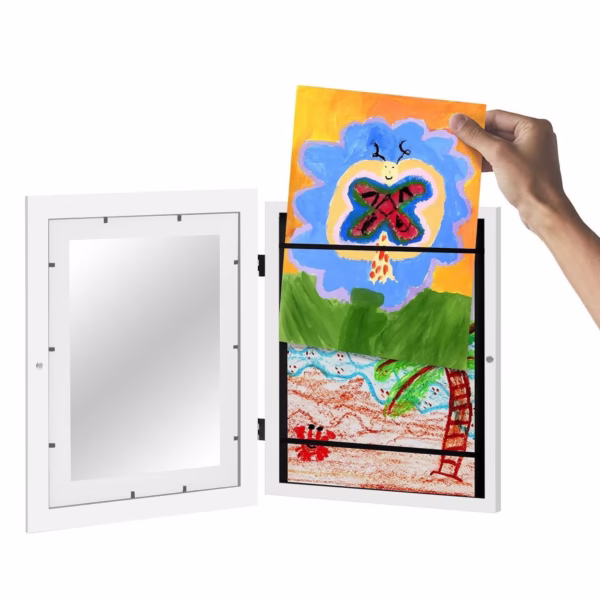 Rama Foto Flippy, din Lemn, cu Spatiu Pentru Depozitare, Pentru Desene si Picturi A4, Sticla Securizata, Rama MDF, Alb - imagine 5