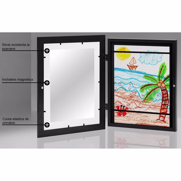 Rama Foto Flippy, din Lemn, cu Spatiu Pentru Depozitare, Pentru Desene si Picturi A4, Sticla Securizata, Rama MDF, Negru - imagine 4