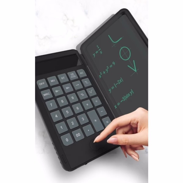 Calculator de Mana Reincarcabil cu Tabla de Scris, Flippy, Calculator Portabil, Ecran LCD, Afisaj cu 12 Cifre, Ecran de 15 cm, Culoare Negru - imagine 2