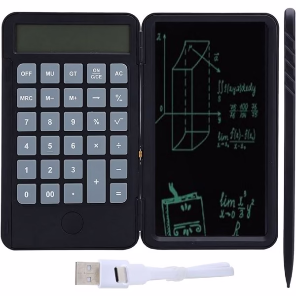 Calculator de Mana Reincarcabil cu Tabla de Scris, Flippy, Calculator Portabil, Ecran LCD, Afisaj cu 12 Cifre, Ecran de 15 cm, Culoare Negru - imagine 8