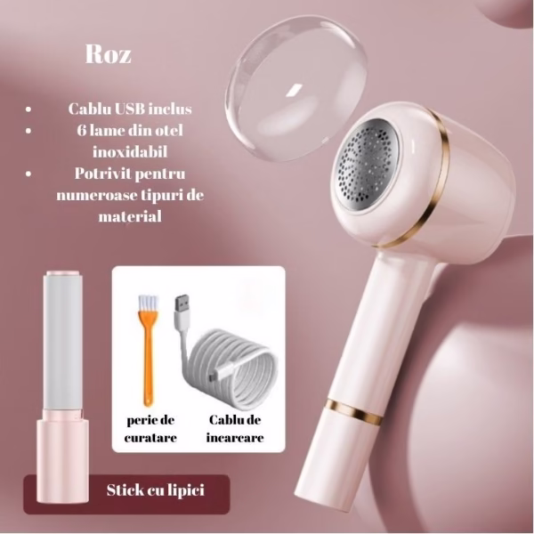 Aparat Pentru Curatat Scame, Par Si Praf, Flippy, Pentru Diferite Tipuri De Material, Cu Lame Din Otel Inoxidabil, Incarcare Prin USB Type-C, Cu Perie De Curatare, Cablu USB Si Stick Cu Lipici Incluse, Roz, 220 x 86 mm - imagine 4