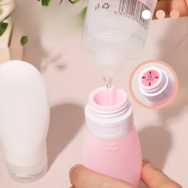 Recipient Portabil din Silicon Elegant de Voiaj, Sticla de Calatorie, Flippy, Potrivita pentru Lotiune, Sampon si Alte Lichide, Anti-scurgere, cu Posibilitate de Reumplere, Capacitate 90mL, 14cm, Roz - imagine 3