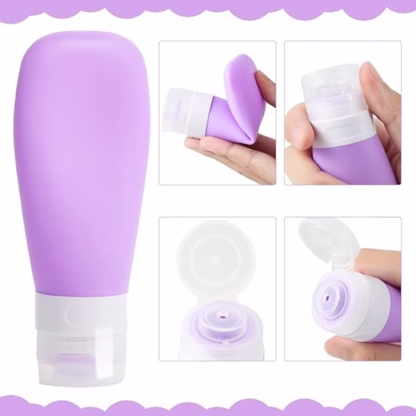 Recipient Portabil din Silicon Elegant de Voiaj, Sticla de Calatorie, Flippy, Potrivita pentru Lotiune, Sampon si Alte Lichide, Anti-scurgere, cu Posibilitate de Reumplere, Capacitate 90mL, Mov - imagine 2