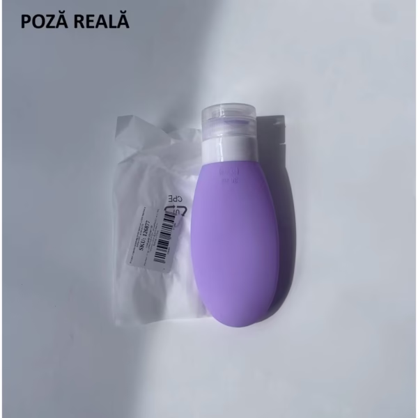 Recipient Portabil din Silicon Elegant de Voiaj, Sticla de Calatorie, Flippy, Potrivita pentru Lotiune, Sampon si Alte Lichide, Anti-scurgere, cu Posibilitate de Reumplere, Capacitate 90mL, Mov - imagine 6
