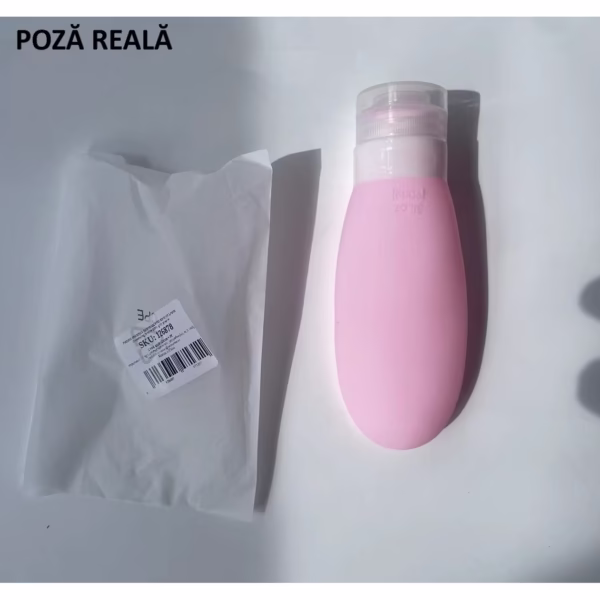 Recipient Portabil din Silicon Elegant de Voiaj, Sticla de Calatorie, Flippy, Potrivita pentru Lotiune, Sampon si Alte Lichide, Anti-scurgere, cu Posibilitate de Reumplere, Capacitate 90mL, 14cm, Roz - imagine 6