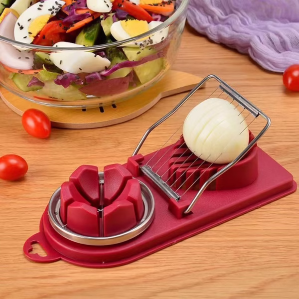 Feliator multifunctional Flippy pentru oua, mozzarela, fructe, 2 forme de feliere, agatatoare, 20 cm, Visiniu - imagine 2