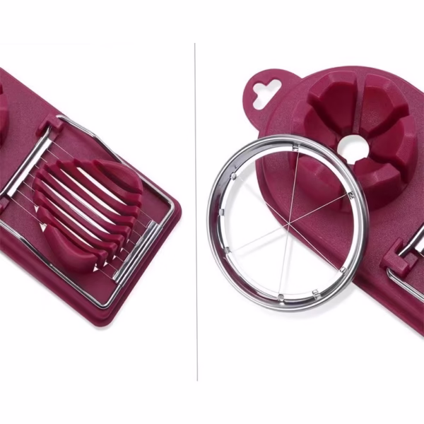 Feliator multifunctional Flippy pentru oua, mozzarela, fructe, 2 forme de feliere, agatatoare, 20 cm, Visiniu - imagine 6