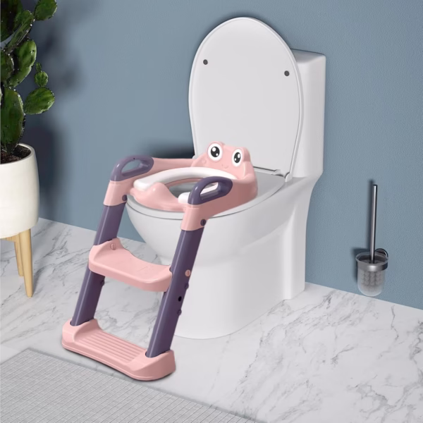 Reductor si Scaunel Inaltator WC, Flippy, pentru Copii 1 - 7 Ani, 2 Trepte Reglabile, Pliabil, Colac Moale, cu Spatar si Manere, Inaltime 54/58 cm x 39.5 x 35 cm, din Plastic+PVC, Roz/Mov - imagine 2