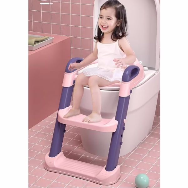 Reductor si Scaunel Inaltator WC, Flippy, pentru Copii 1 - 7 Ani, 2 Trepte Reglabile, Pliabil, Colac Moale, cu Spatar si Manere, Inaltime 54/58 cm x 39.5 x 35 cm, din Plastic+PVC, Roz/Mov - imagine 6