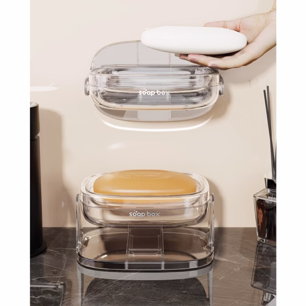 Savoniera cu Suport 2 in 1, Flippy, Pentru Perete sau Blat, PET, Scurgere Optima, Argintiu Transparent - imagine 4