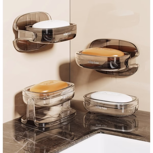 Savoniera cu Suport 2 in 1, Flippy, Pentru Perete sau Blat, PET, Scurgere Optima, GriTransparent - imagine 6