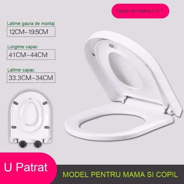 Capac de Toaleta cu Reductie 2 in 1, Flippy, pentru Copii si Adulti, Coborare Lenta si Silentioasa, Instalare Usoara, din PP5 , in Forma de U Patrat, Alb - imagine 3