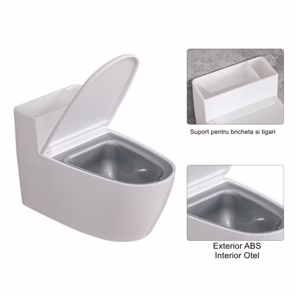 Scrumiera creativa Flippy, Forma de Toaleta, Capac Alb , Material ABS si Otel Inoxidabil, 12.5 x 9.8 x 8.4 cm, Fixare prin Lipire sau De Sine Statator, pentru Baie, Camera, Bucatarie, Balcon, Alb - imagine 2