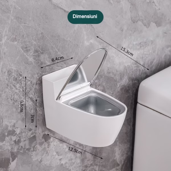 Scrumiera creativa Flippy, Forma de Toaleta, Capac Argintiu, Material ABS si Otel Inoxidabil, 12.5 x 9.8 x 8.4 cm, Fixare prin Lipire sau De Sine Statator, pentru Baie, Camera, Bucatarie, Balcon, Argintiu - imagine 3