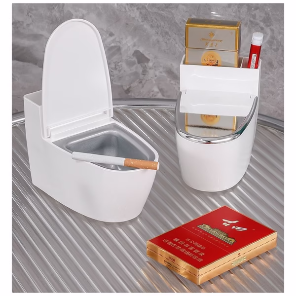 Scrumiera creativa Flippy, Forma de Toaleta, Capac Argintiu, Material ABS si Otel Inoxidabil, 12.5 x 9.8 x 8.4 cm, Fixare prin Lipire sau De Sine Statator, pentru Baie, Camera, Bucatarie, Balcon, Argintiu - imagine 4