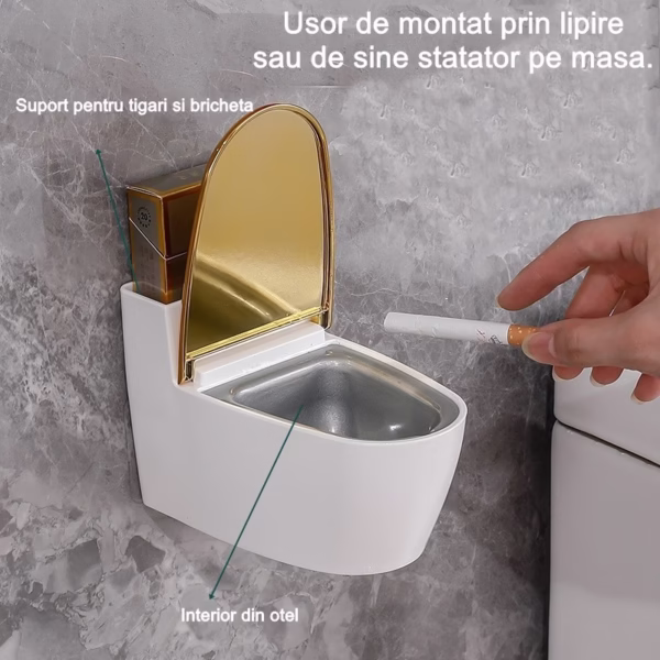 Scrumiera creativa Flippy, Forma de Toaleta, Capac Auriu, Material ABS si Otel Inoxidabil, 12.5 x 9.8 x 8.4 cm, Fixare prin Lipire sau De Sine Statator, pentru Baie, Camera, Bucatarie, Balcon, Auriu - imagine 2