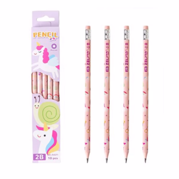 Set 10 Creioane Negre, Flippy, 2B, pentru Elevi Scoala, cu Radiera, Model Roz cu Unicorni - imagine 1