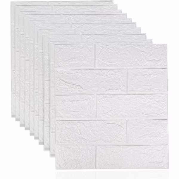 Set 10 Placi Tapet 3D, Flippy, 35 x 38 cm, Grosime 3 mm, din Polietilena, Model Caramida, Suprafata acoperita 1.33 mp, Alb - imagine 5
