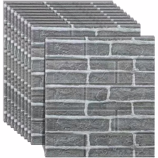 Set 10 Placi Tapet 3D, Flippy, 35 x 38 cm, Grosime 3 mm, din Polietilena, Model Caramida, Suprafata acoperita 1.33 mp, Gri - imagine 4