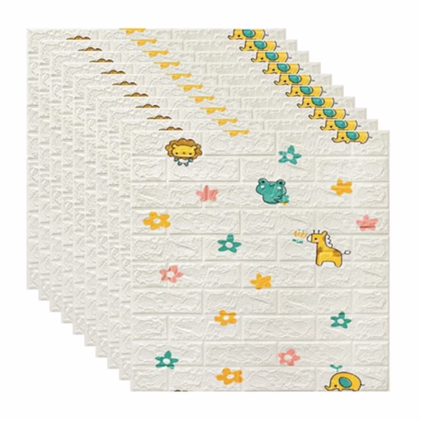 Set 10 Placi Tapet 3D, Flippy, 70 x 77 cm, Grosime 3 mm, din Polietilena, Tip Caramida, Model Animalute si Floricele, Suprafata acoperita 5.3 mp, Alb - imagine 4