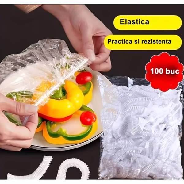 Set 100 Folie de Protectie Elastica pentru Alimente si Boluri Flippy, material plastic, prospetime, diametrul 12 - 40 cm - imagine 3