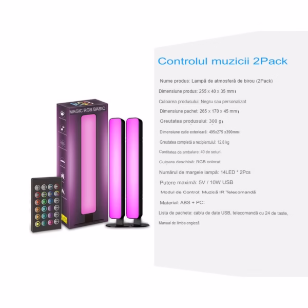Set 2 Lampi de Birou, Flippy, RGB Colorat, 28 LED, Putere 5V, Telecomanda cu 24 de Taste, Cablu USB, Negru, 25.5x4x3.5cm - imagine 9