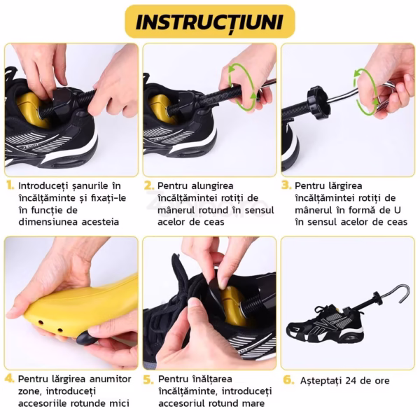 Set 2 Sanuri/Calapoade Reglabilile, Flippy, pentru Alungit si Largit Pantofi, Geanta si Incaltator Incluse, Universale, Unisex, din ABS Premium, Arc, Marime 35 - 42, Galben/Negru - imagine 4
