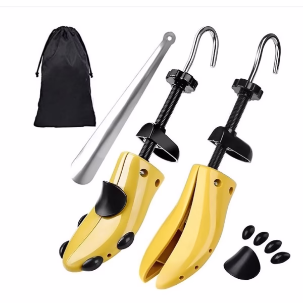 Set 2 Sanuri/Calapoade Reglabilile, Flippy, pentru Alungit si Largit Pantofi, Geanta si Incaltator Incluse, Universale, Unisex, din ABS Premium, Arc, Marime 40 - 47, Galben/Negru - imagine 1