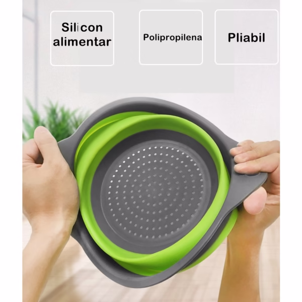 Set 2 strecuratori pliabile din silicon alimentar Flippy, cu manere, fund antiaderent si antialunecare, rotunda, doua dimensiuni, usor de depozitat, compatibil cu masina de spalat vase, verde - imagine 2
