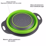 Set 2 strecuratori pliabile din silicon alimentar Flippy, cu manere, fund antiaderent si antialunecare, rotunda, doua dimensiuni, usor de depozitat, compatibil cu masina de spalat vase, verde - imagine 3