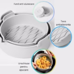 Set 2 tavi din silicon ecologic pentru air fryer Flippy, temperatura maxima 230 grade, reutilizabile, reciclabile, cu manere anti-alunecare, fund antiaderent, 18.7 x 19.5 x 7 cm, gri - imagine 2