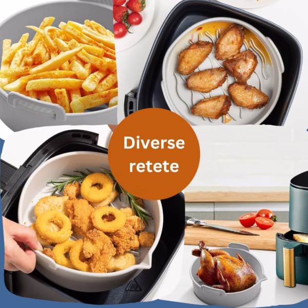 Set 2 tavi din silicon ecologic pentru air fryer Flippy, temperatura maxima 230 grade, reutilizabile, reciclabile, cu manere anti-alunecare, fund antiaderent, 18.7 x 19.5 x 7 cm, gri - imagine 4