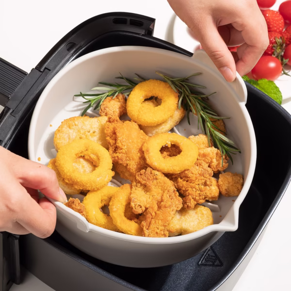 Set 2 tavi din silicon ecologic pentru air fryer Flippy, temperatura maxima 230 grade, reutilizabile, reciclabile, cu manere anti-alunecare, fund antiaderent, 18.7 x 19.5 x 7 cm, gri - imagine 7