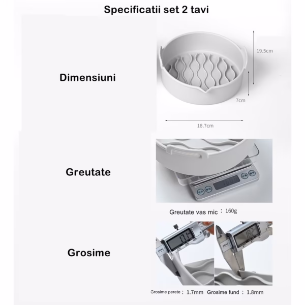 Set 2 tavi din silicon ecologic pentru air fryer Flippy, temperatura maxima 230 grade, reutilizabile, reciclabile, cu manere anti-alunecare, fund antiaderent, 18.7 x 19.5 x 7 cm, gri - imagine 10