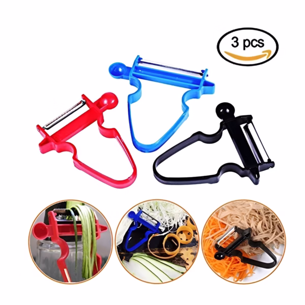 Set 3 Accesorii de Decojire, Razuire si Feliere, Flippy, pentru Legume si Fructe, Negru-Rosu-Albastru - imagine 3
