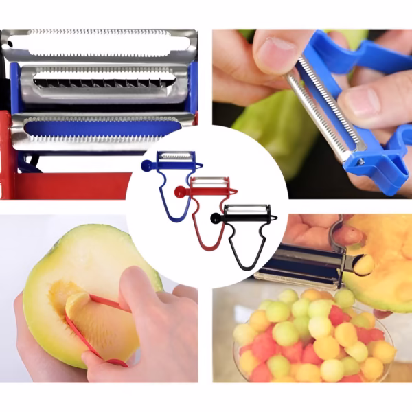 Set 3 Accesorii de Decojire, Razuire si Feliere, Flippy, pentru Legume si Fructe, Negru-Rosu-Albastru - imagine 5
