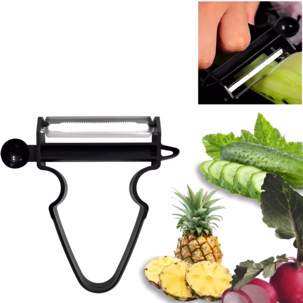 Set 3 Accesorii de Decojire, Razuire si Feliere, Flippy, pentru Legume si Fructe, Negru-Rosu-Albastru - imagine 9