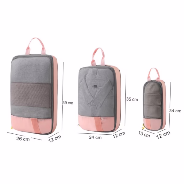 Set 3 Genti de Calatorie Flippy, Pentru Depozitare, Compresibile, 3 Dimensiuni, Mic, Mediu, Mare, Impermeabile, Fermoar Dublu, Roz - imagine 12