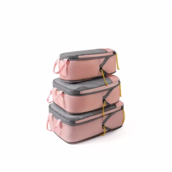 Set 3 Genti de Calatorie Flippy, Pentru Depozitare, Compresibile, 3 Dimensiuni, Mic, Mediu, Mare, Impermeabile, Fermoar Dublu, Roz - imagine 4