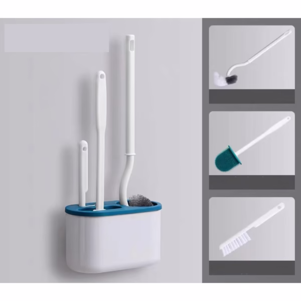 Set 3 Perii pentru Toaleta, Flippy, din Silicon, Perie Zimtata, Cap Flexibil, Suport Adeziv pentru Montarea pe Perete, 39 x 19 x 9.8 cm, Albastru/Alb - imagine 2