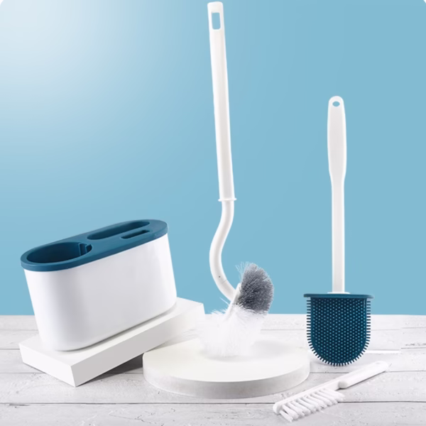 Set 3 Perii pentru Toaleta, Flippy, din Silicon, Perie Zimtata, Cap Flexibil, Suport Adeziv pentru Montarea pe Perete, 39 x 19 x 9.8 cm, Albastru/Alb - imagine 9