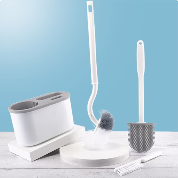 Set 3 Perii pentru Toaleta, Flippy, din Silicon, Perie Zimtata, Cap Flexibil, Suport Adeziv pentru Montarea pe Perete, 39 x 19 x 9.8 cm, Gri/Alb - imagine 8