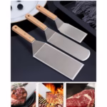 Set 3 spatule pentru gratar Flippy, din metal, margini subtiri, suprafata antiaderenta, rezistente la temperaturi ridicate, maner ergonomic din lemn, 3 forme, agatatoare, gri - imagine 2