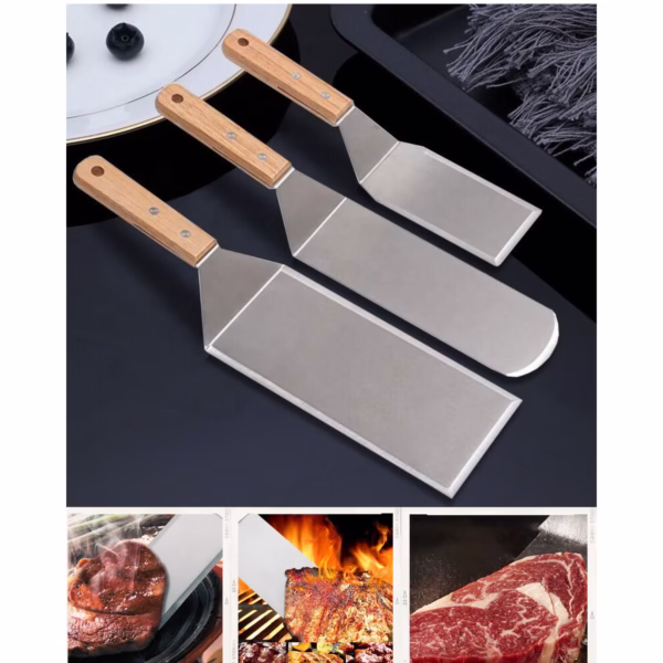 Set 3 spatule pentru gratar Flippy, din metal, margini subtiri, suprafata antiaderenta, rezistente la temperaturi ridicate, maner ergonomic din lemn, 3 forme, agatatoare, gri - imagine 2