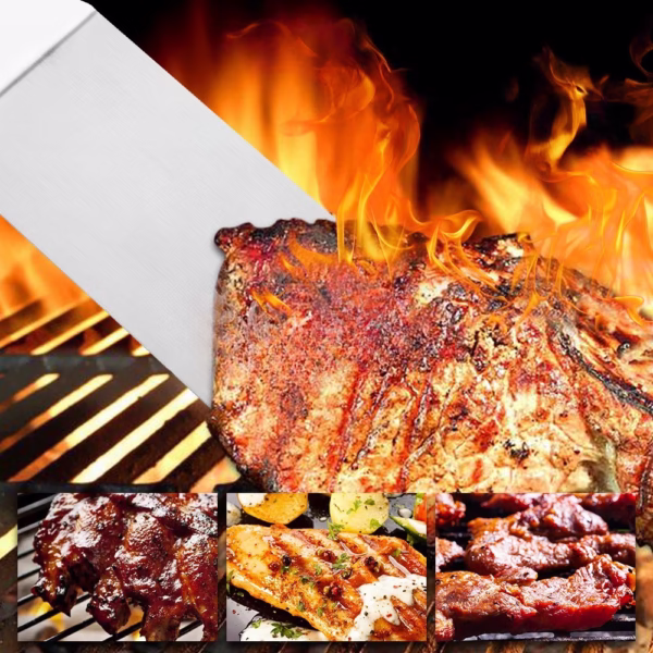 Set 3 spatule pentru gratar Flippy, din metal, margini subtiri, suprafata antiaderenta, rezistente la temperaturi ridicate, maner ergonomic din lemn, 3 forme, agatatoare, gri - imagine 4