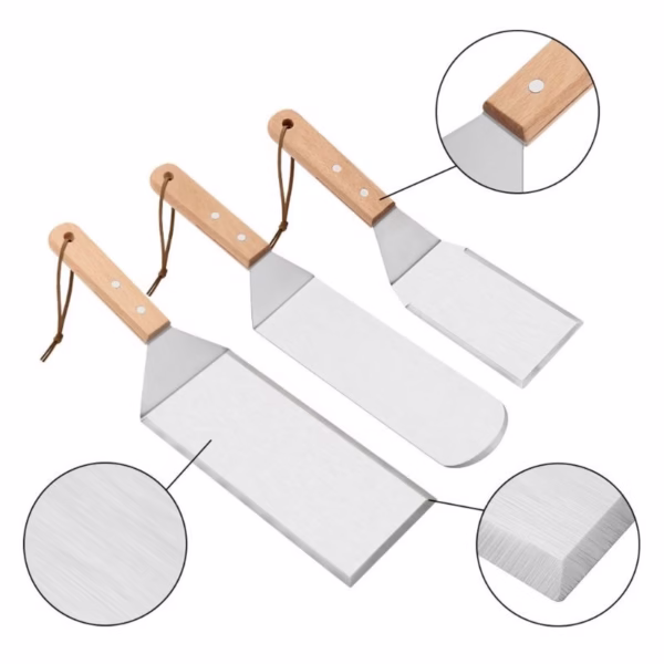 Set 3 spatule pentru gratar Flippy, din metal, margini subtiri, suprafata antiaderenta, rezistente la temperaturi ridicate, maner ergonomic din lemn, 3 forme, agatatoare, gri - imagine 6